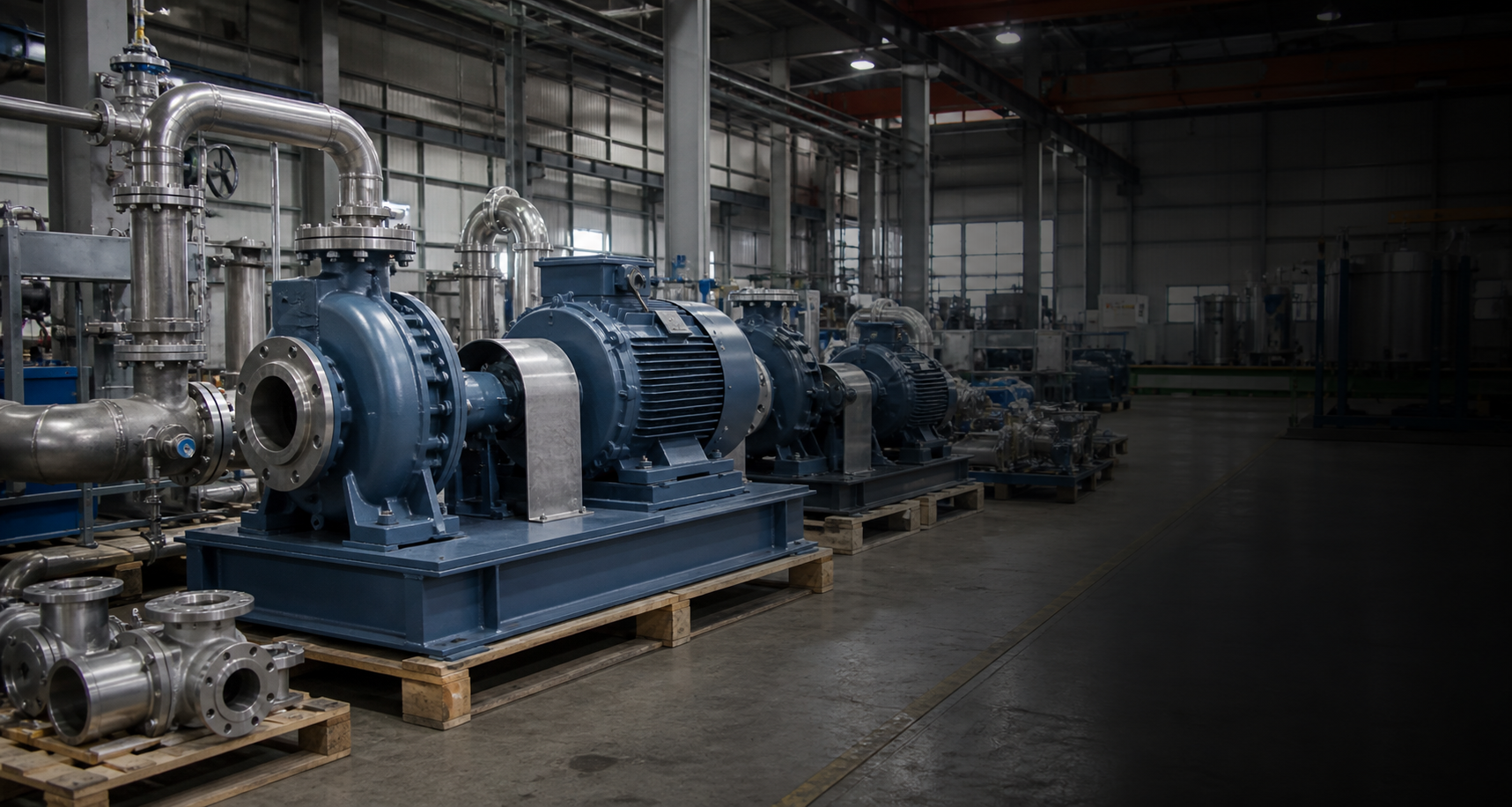 Horizontal centrifugal pumps and stainless pipework in an industrial pump workshop