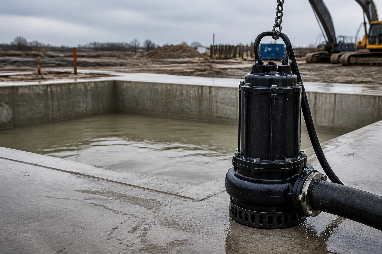 Submersible drainage pump beside a concrete dewatering pit